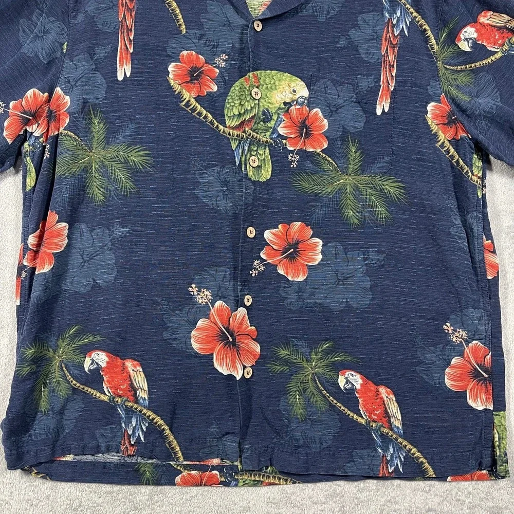 Caribbean Button Down Shirt Mens XL Blue Silk Tropical Parrot Hibiscus Camp - Picture 4 of 8